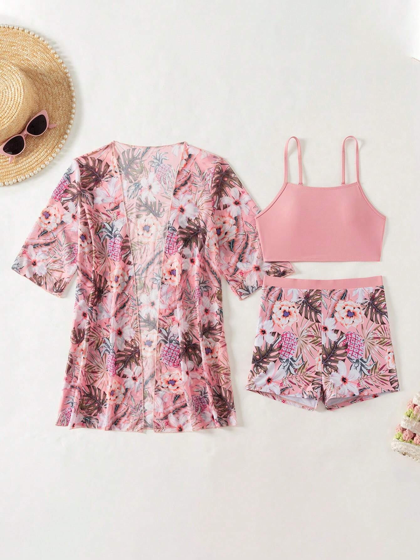 Buy SHEIN Swim Women's Tropical Plant Print Casual Bikini Set With Coverup Short Sleeve Kimono Summer in Pakistan