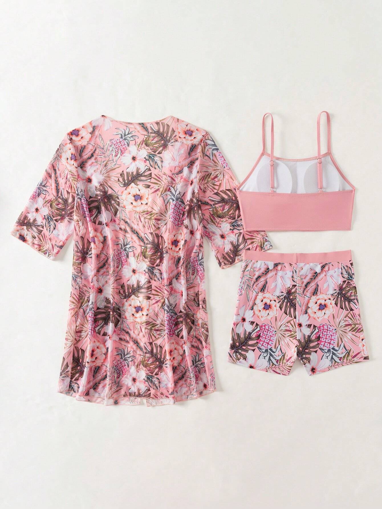 Buy SHEIN Swim Women's Tropical Plant Print Casual Bikini Set With Coverup Short Sleeve Kimono Summer in Pakistan