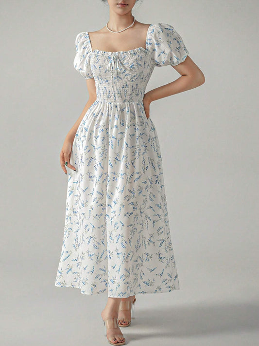 Buy SHEIN Unity Ditsy Floral Print Puff Sleeve Knot Front Dress in Pakistan