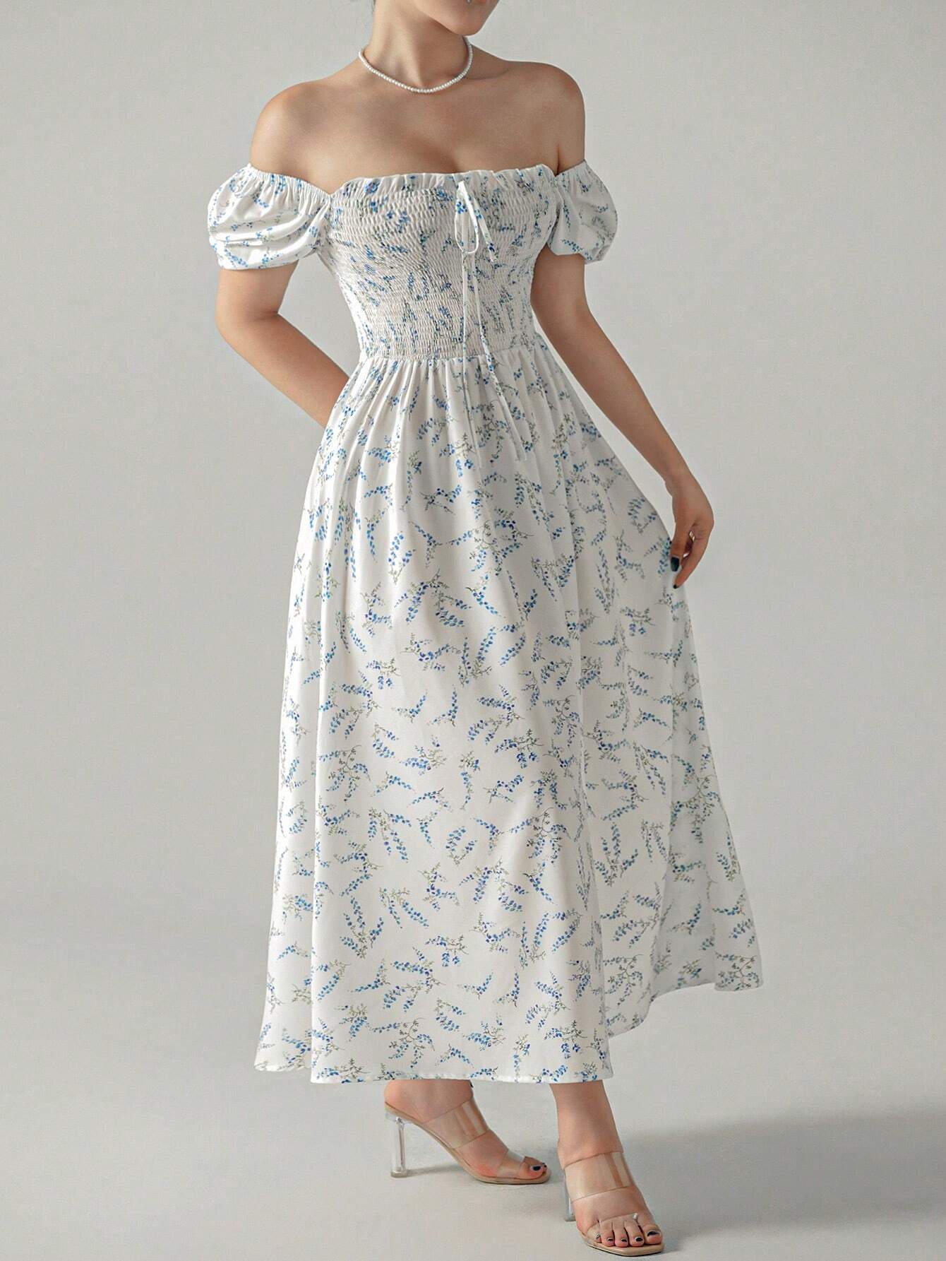 Buy SHEIN Unity Ditsy Floral Print Puff Sleeve Knot Front Dress in Pakistan