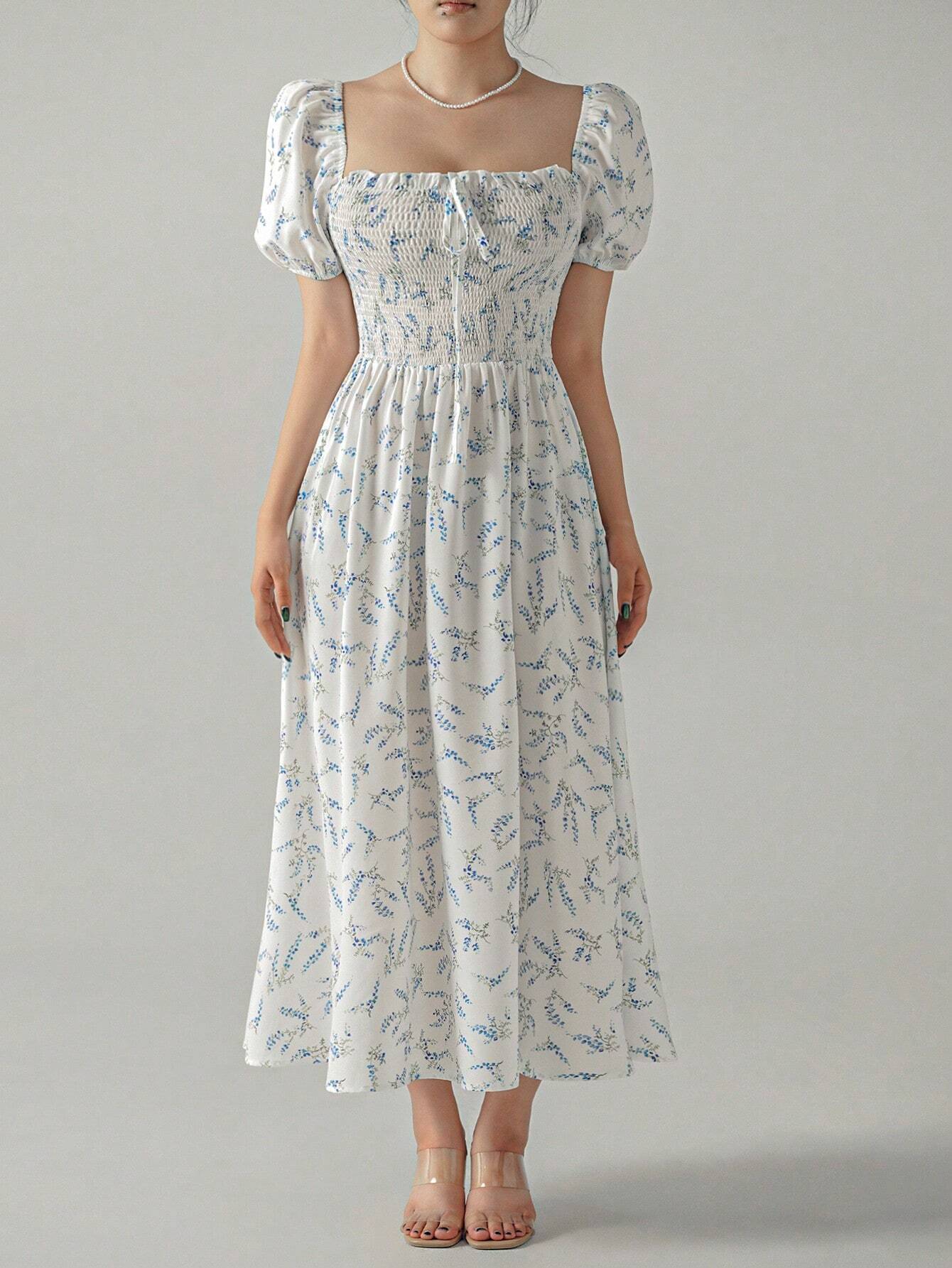 Buy SHEIN Unity Ditsy Floral Print Puff Sleeve Knot Front Dress in Pakistan