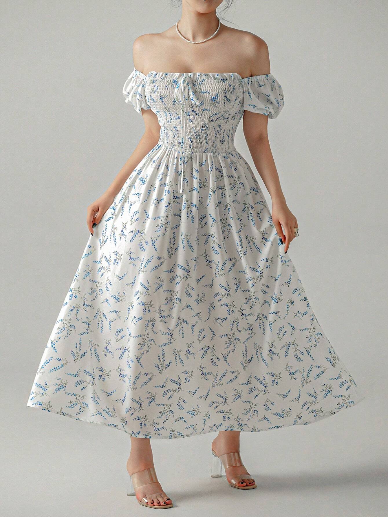 Buy SHEIN Unity Ditsy Floral Print Puff Sleeve Knot Front Dress in Pakistan