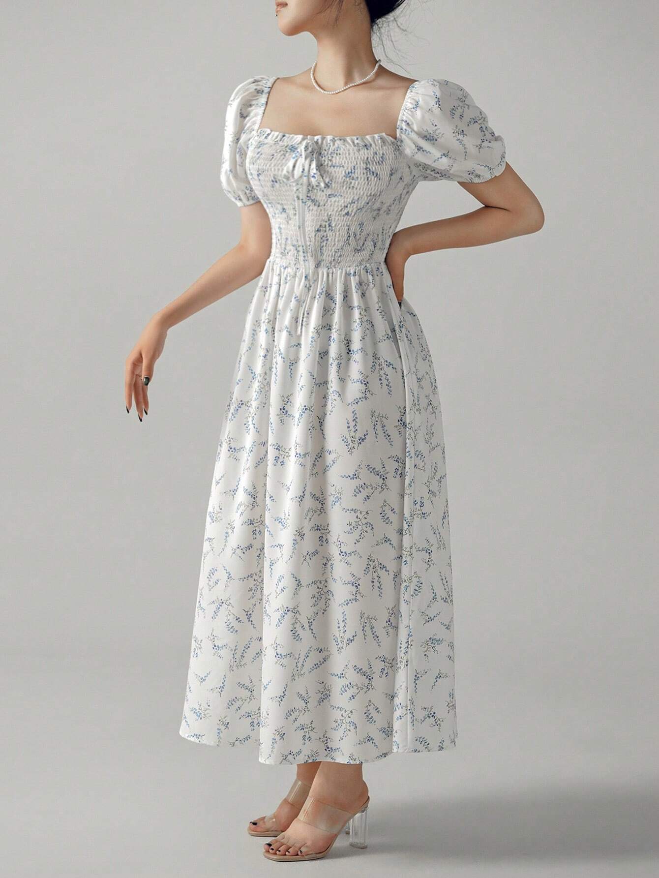 Buy SHEIN Unity Ditsy Floral Print Puff Sleeve Knot Front Dress in Pakistan