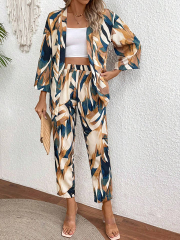 Buy SHEIN VCAY Leaf Print Casual Kimono-Style Summer 2pcs Set in Pakistan