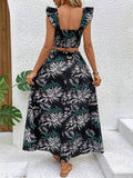 Buy SHEIN VCAY Leaf Print Ruffle Hem Camisole Top And Skirt Set With Square Neckline in Pakistan