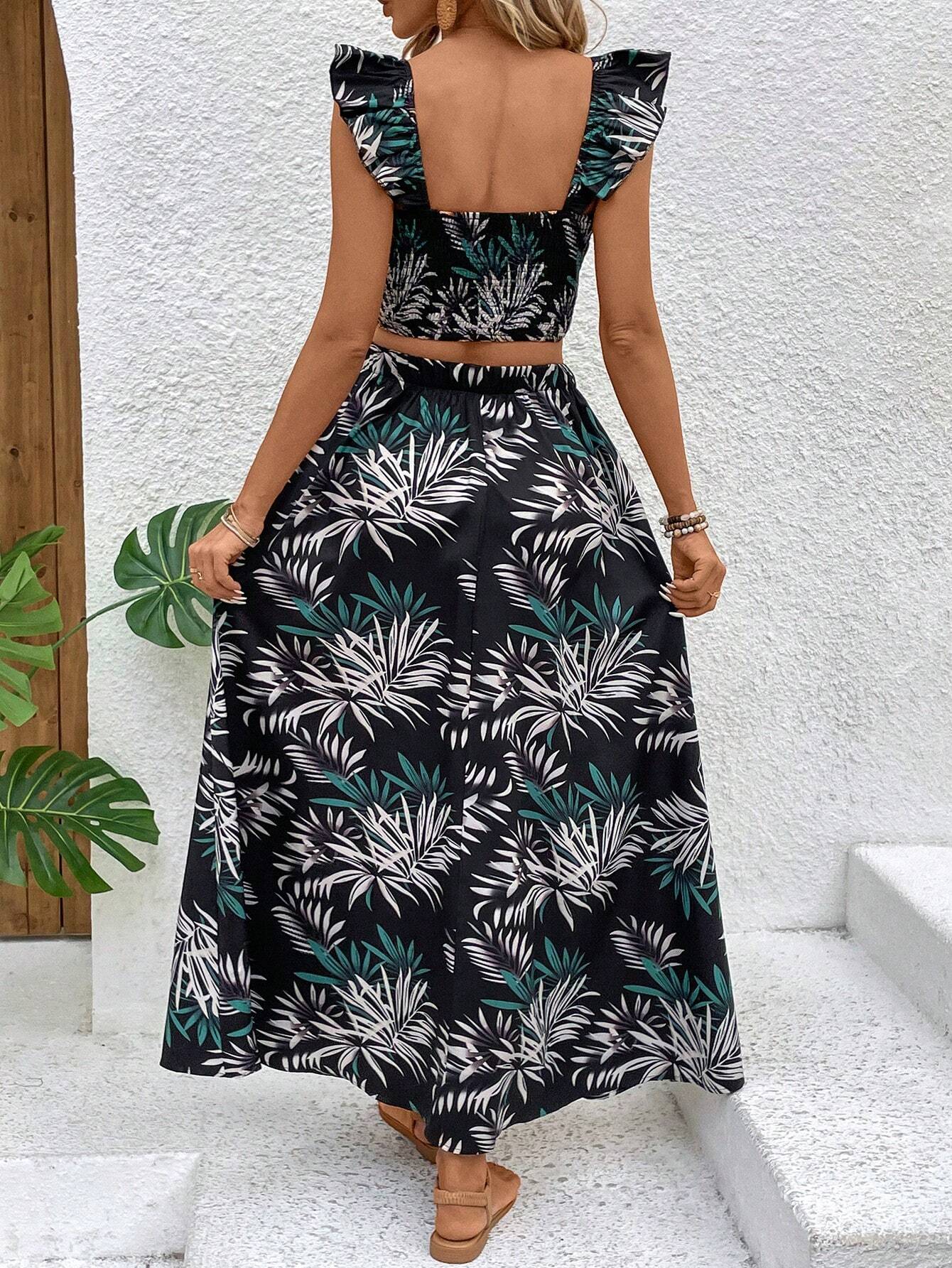 Buy SHEIN VCAY Leaf Print Ruffle Hem Camisole Top And Skirt Set With Square Neckline in Pakistan