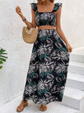 Buy SHEIN VCAY Leaf Print Ruffle Hem Camisole Top And Skirt Set With Square Neckline in Pakistan