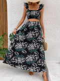 Buy SHEIN VCAY Leaf Print Ruffle Hem Camisole Top And Skirt Set With Square Neckline in Pakistan