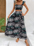 Buy SHEIN VCAY Leaf Print Ruffle Hem Camisole Top And Skirt Set With Square Neckline in Pakistan