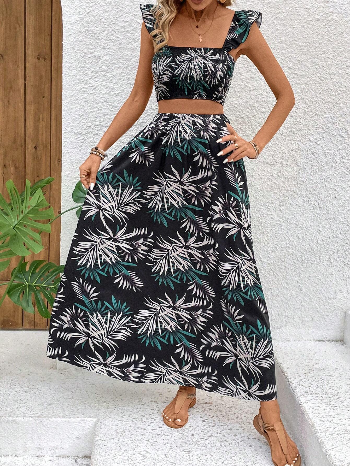 Buy SHEIN VCAY Leaf Print Ruffle Hem Camisole Top And Skirt Set With Square Neckline in Pakistan
