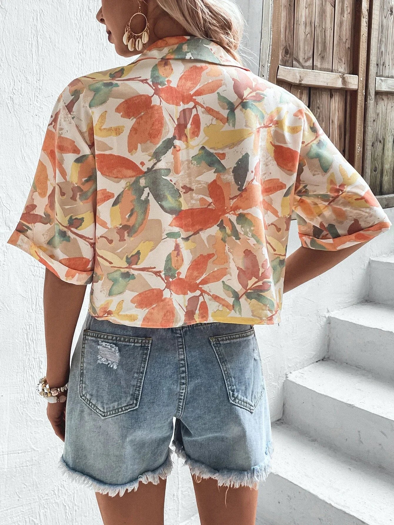 Buy SHEIN VCAY Leaves Print Crop Shirt in Pakistan