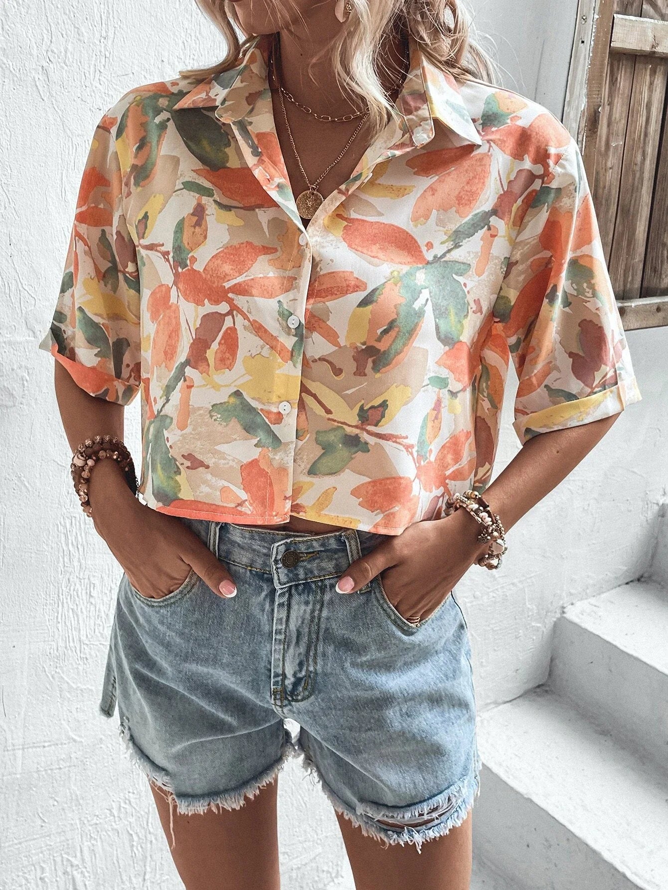 Buy SHEIN VCAY Leaves Print Crop Shirt in Pakistan