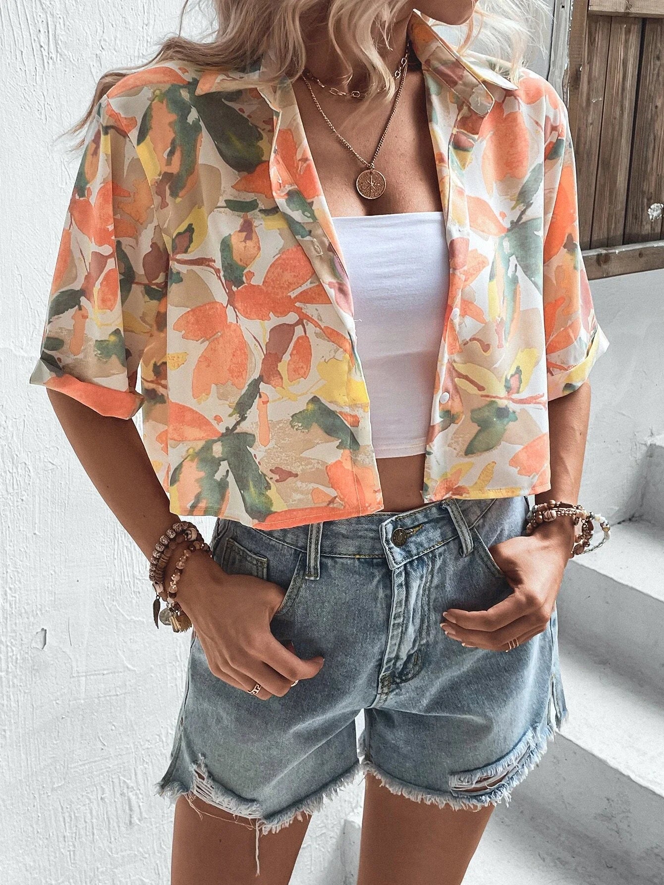 Buy SHEIN VCAY Leaves Print Crop Shirt in Pakistan