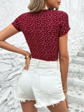Buy SHEIN VCAY Polka Dot & Heart Print Knot Front Lettuce Trim Crop Tee in Pakistan