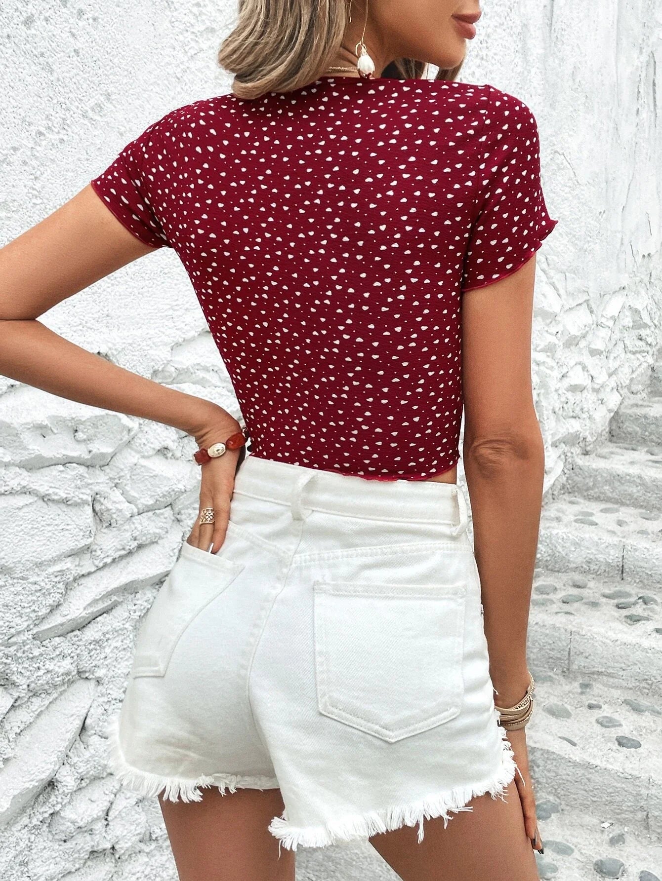 Buy SHEIN VCAY Polka Dot & Heart Print Knot Front Lettuce Trim Crop Tee in Pakistan