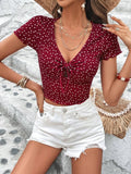 Buy SHEIN VCAY Polka Dot & Heart Print Knot Front Lettuce Trim Crop Tee in Pakistan