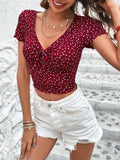 Buy SHEIN VCAY Polka Dot & Heart Print Knot Front Lettuce Trim Crop Tee in Pakistan