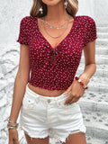 Buy SHEIN VCAY Polka Dot & Heart Print Knot Front Lettuce Trim Crop Tee in Pakistan