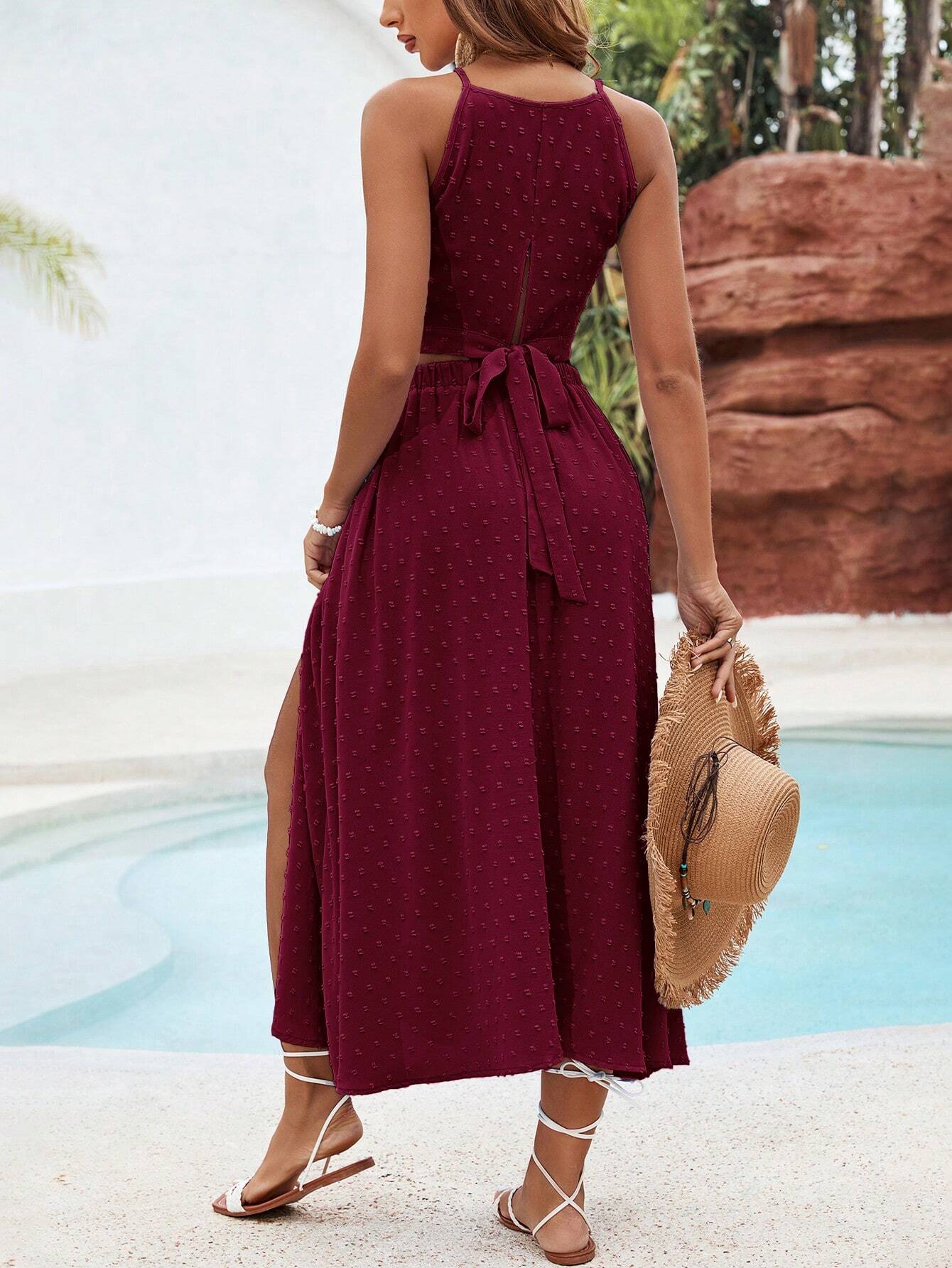 Buy SHEIN VCAY Solid Color Texture Casual Two Piece Beach Set For Vacation in Pakistan