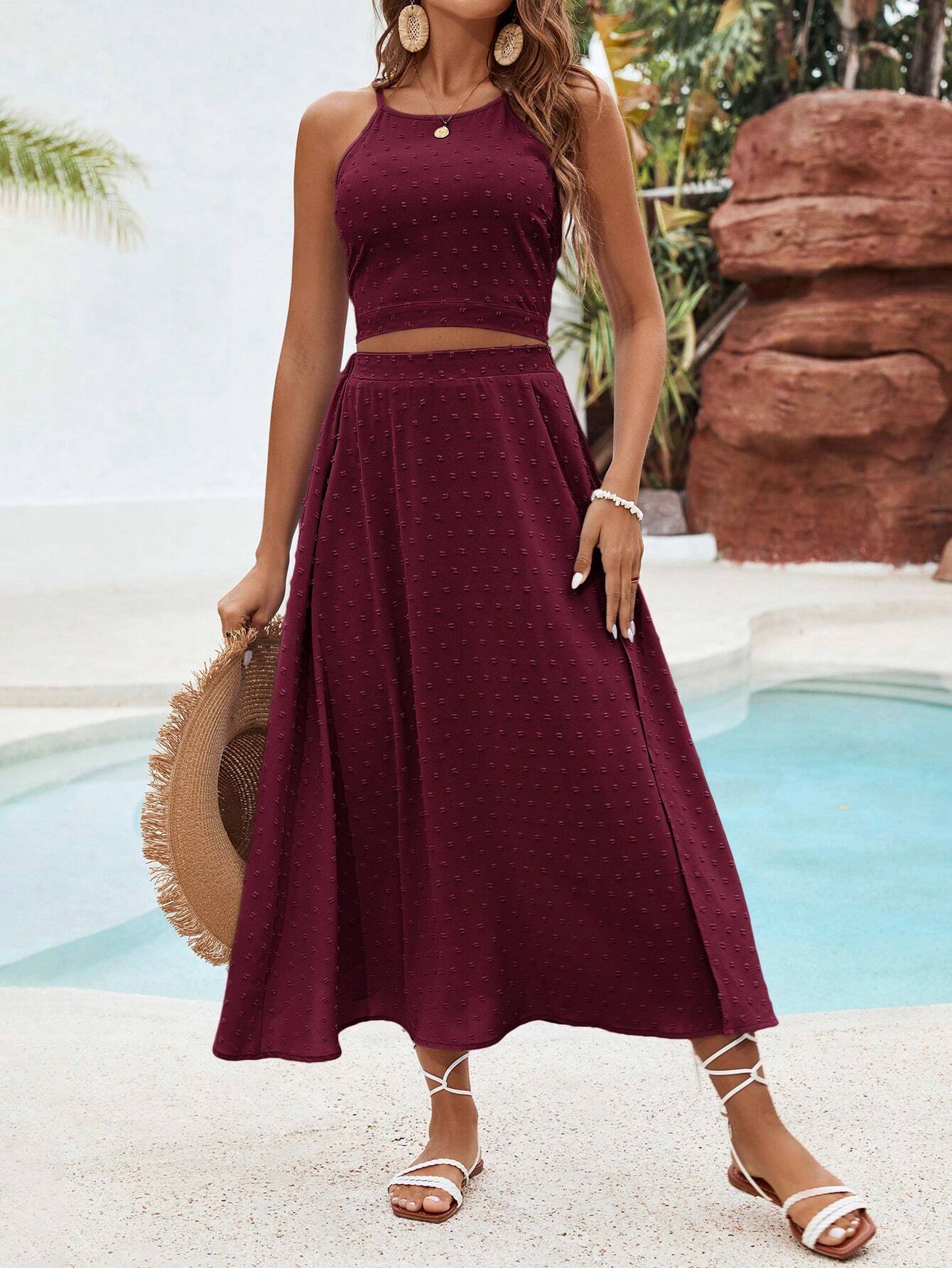 Buy SHEIN VCAY Solid Color Texture Casual Two Piece Beach Set For Vacation in Pakistan