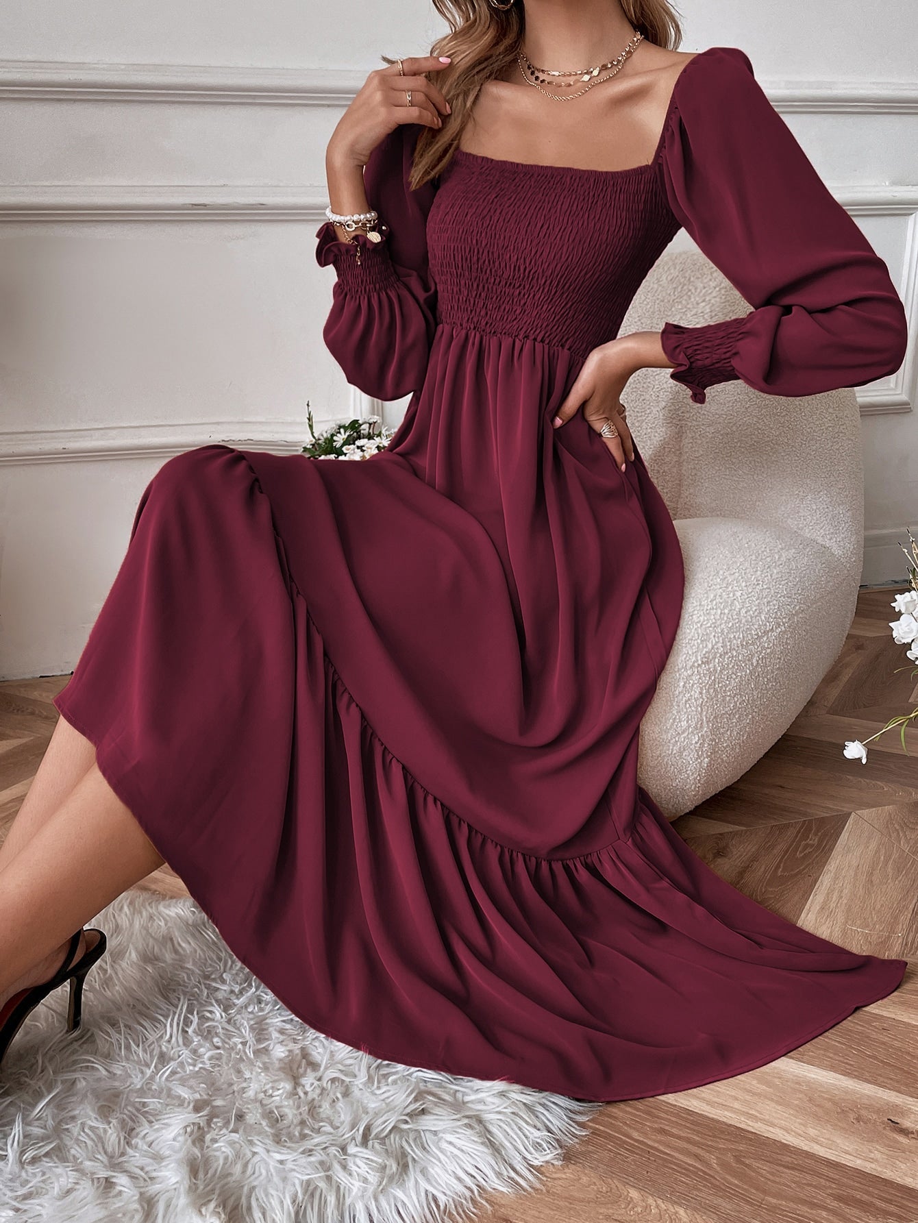 Buy SHEIN VCAY Square Neck Shirred Ruffle Hem Dress in Pakistan