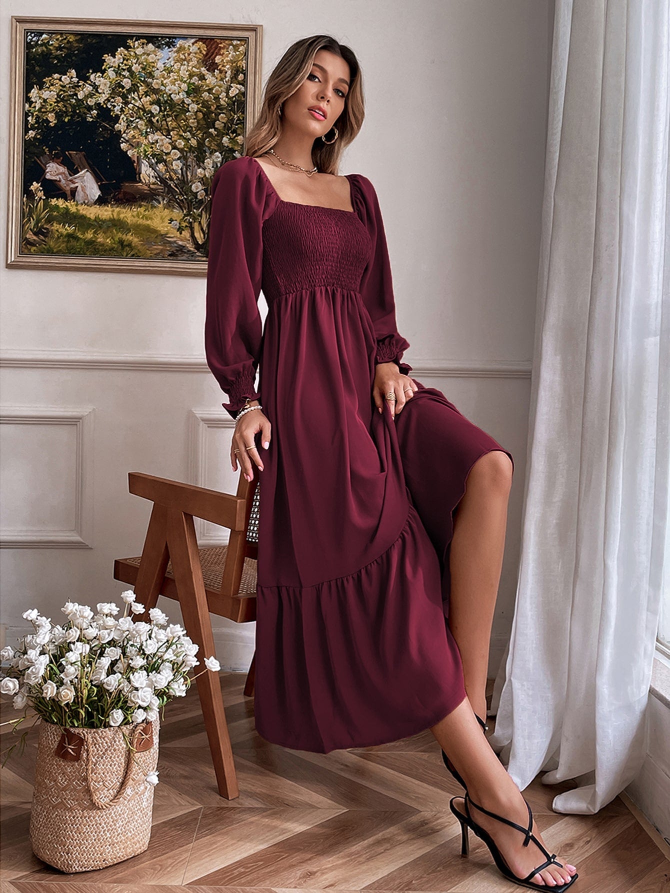 Buy SHEIN VCAY Square Neck Shirred Ruffle Hem Dress in Pakistan