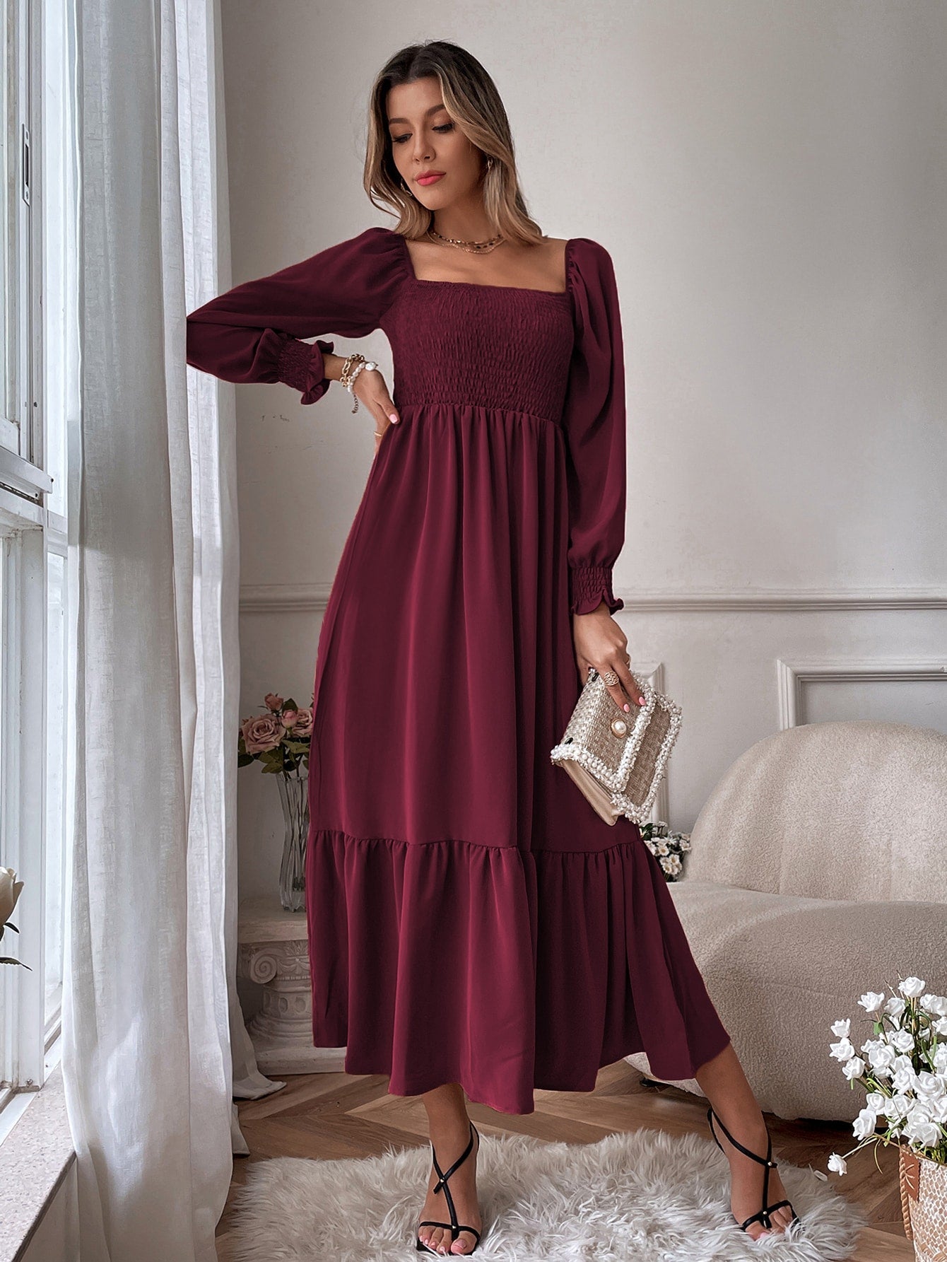 Buy SHEIN VCAY Square Neck Shirred Ruffle Hem Dress in Pakistan