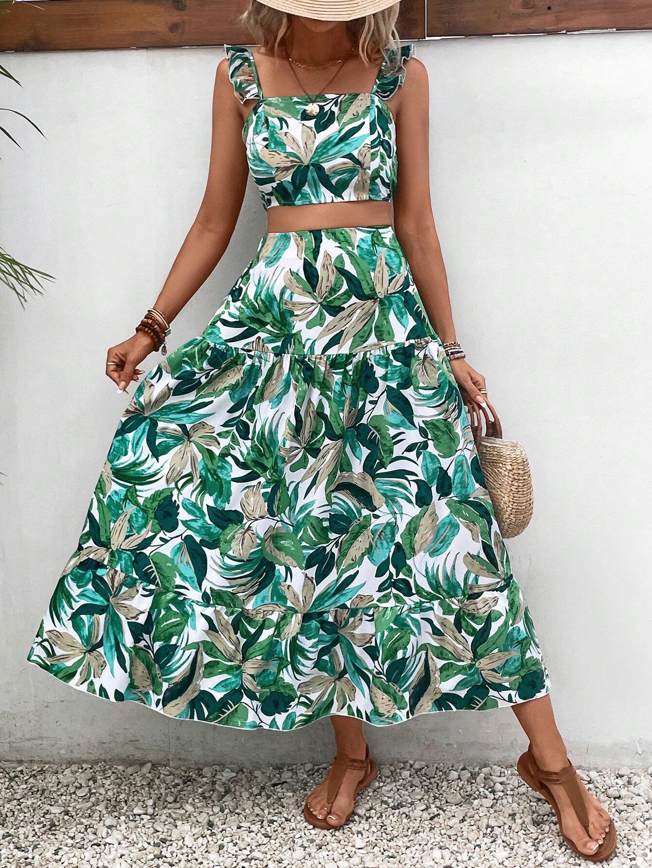 Buy SHEIN VCAY Tropical Print Ruffle Trim Top & Skirt in Pakistan