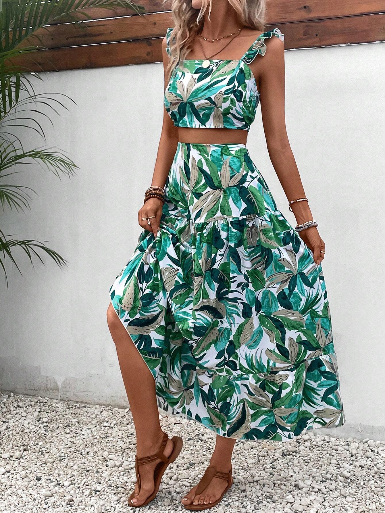 Buy SHEIN VCAY Tropical Print Ruffle Trim Top & Skirt in Pakistan