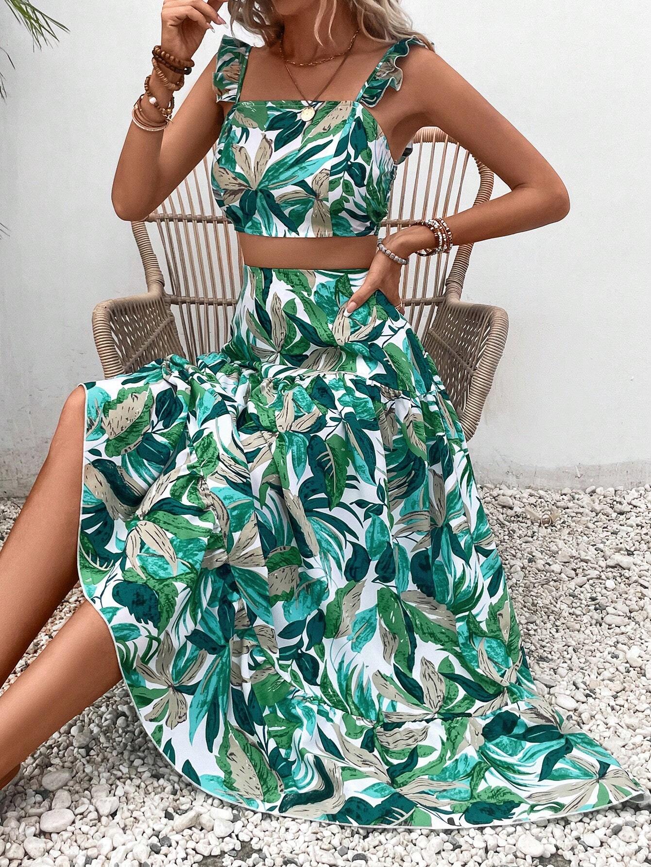 Buy SHEIN VCAY Tropical Print Ruffle Trim Top & Skirt in Pakistan