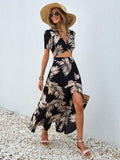 Buy SHEIN VCAY Tropical Print Tie Back Crop Top & Split Thigh Skirt in Pakistan