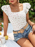 Buy SHEIN VCAY Women's Knitted Short Sleeve T-Shirt With Ditsy Floral, Square Neckline And Cap Sleeves, Perfect For Vacation in Pakistan