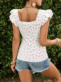 Buy SHEIN VCAY Women's Knitted Short Sleeve T-Shirt With Ditsy Floral, Square Neckline And Cap Sleeves, Perfect For Vacation in Pakistan