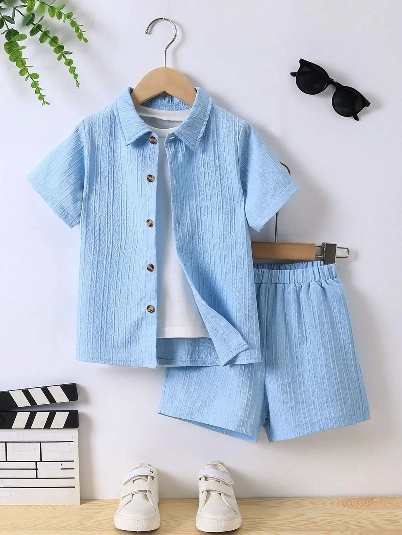Buy SHEIN Young Boy Solid Button Front Shirt & Shorts Without Tee in Pakistan