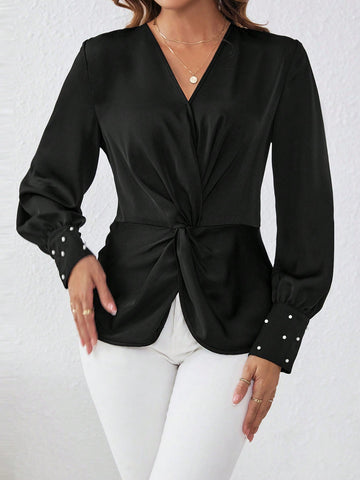 Buy SHEIN Satin Fabric Shirt With Front Knot And Cufflinks Detailed Sleeves in Pakistan