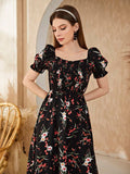 Buy Shein Floral Square Neck Shirred A-line Dress in Pakistan