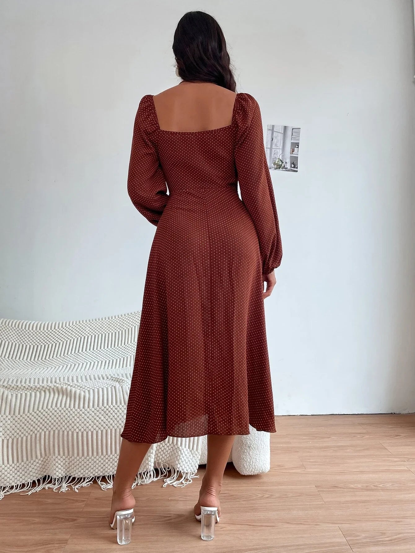 Buy Shein Polka Dot Print Knot Front Lantern Sleeve Dress in Pakistan