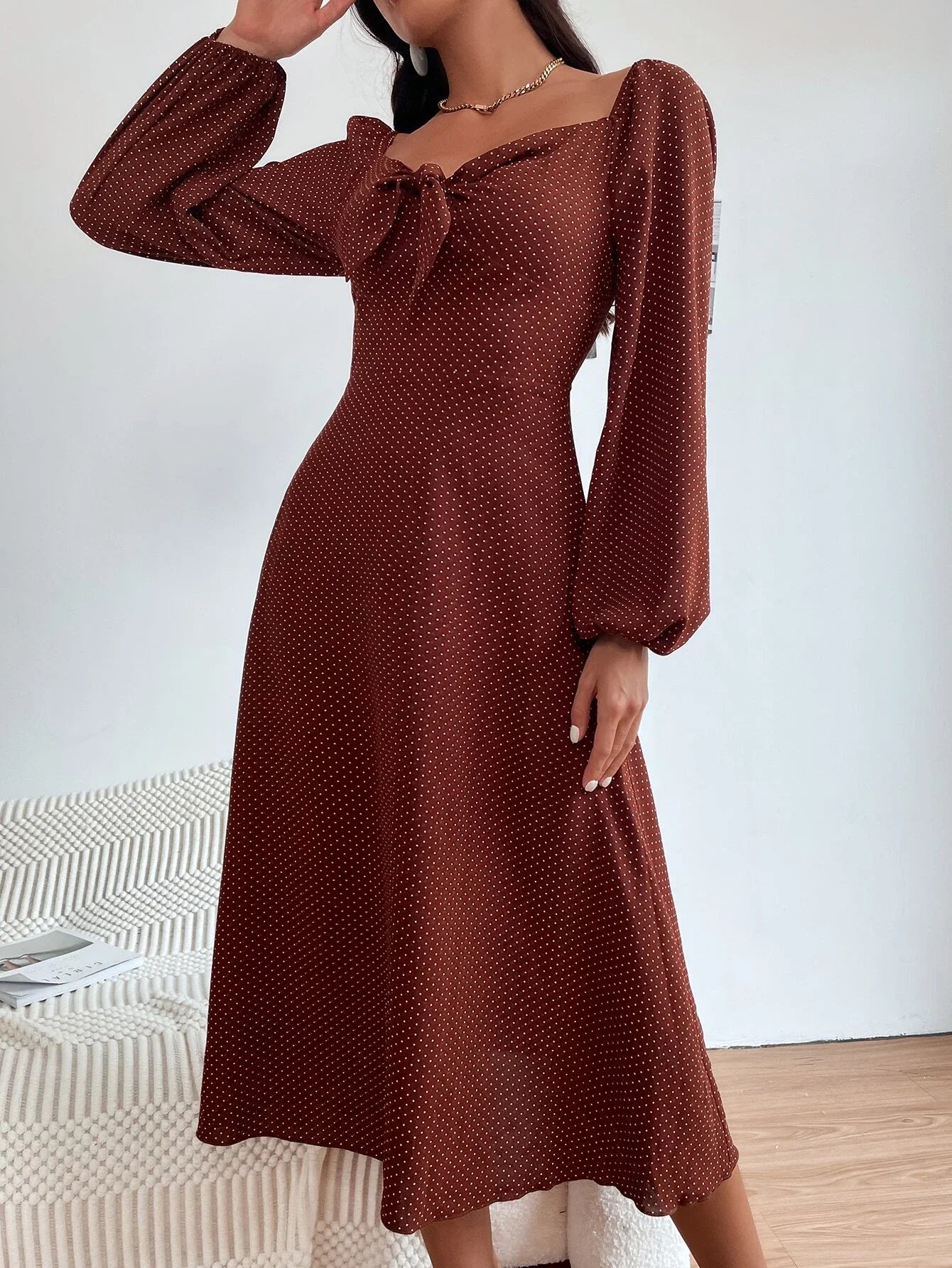 Buy Shein Polka Dot Print Knot Front Lantern Sleeve Dress in Pakistan