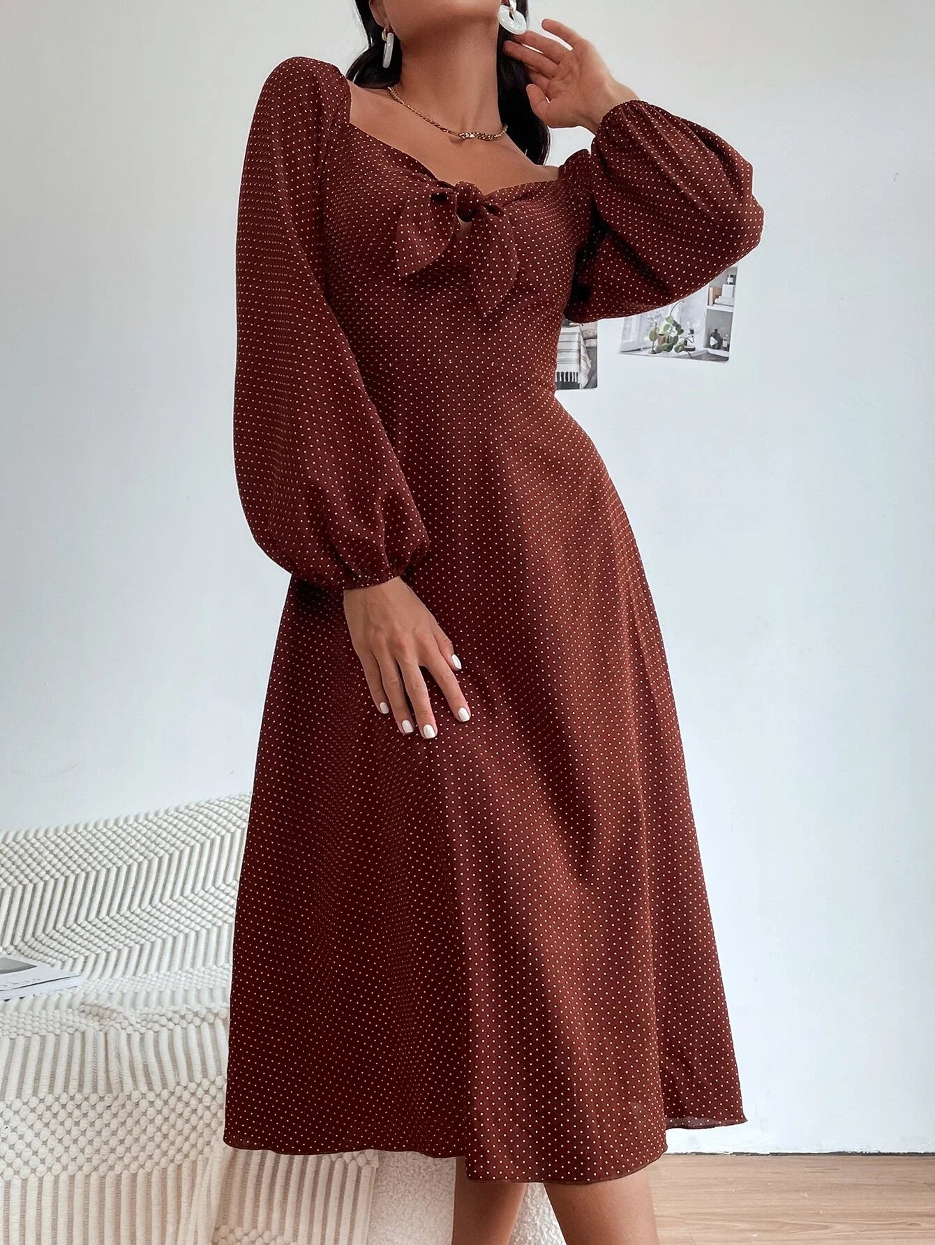 Buy Shein Polka Dot Print Knot Front Lantern Sleeve Dress in Pakistan