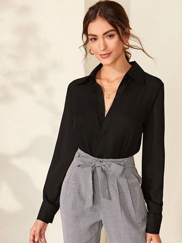 Buy Shein Solid Hiddened Button Placket Blouse in Pakistan