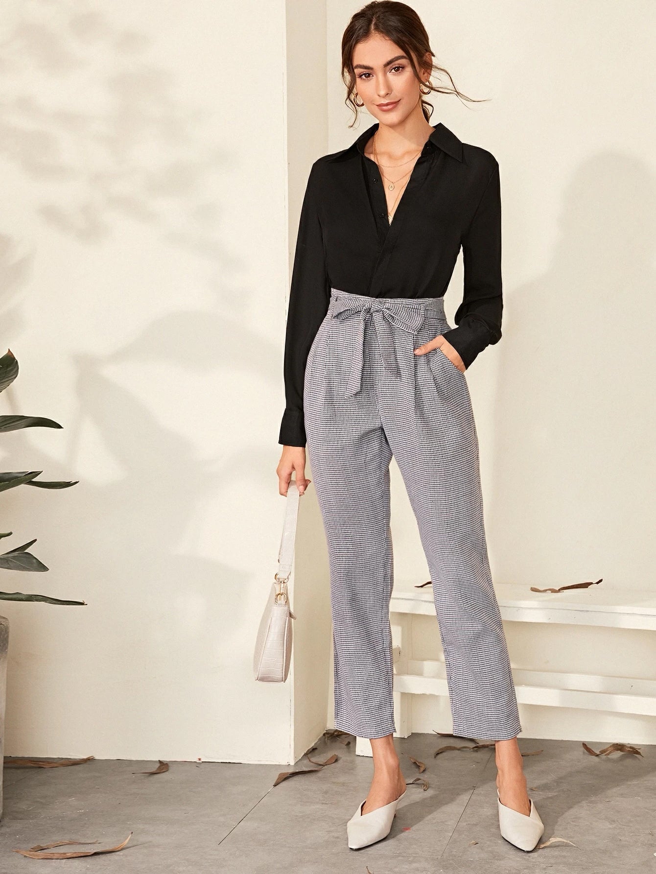 Buy Shein Solid Hiddened Button Placket Blouse in Pakistan