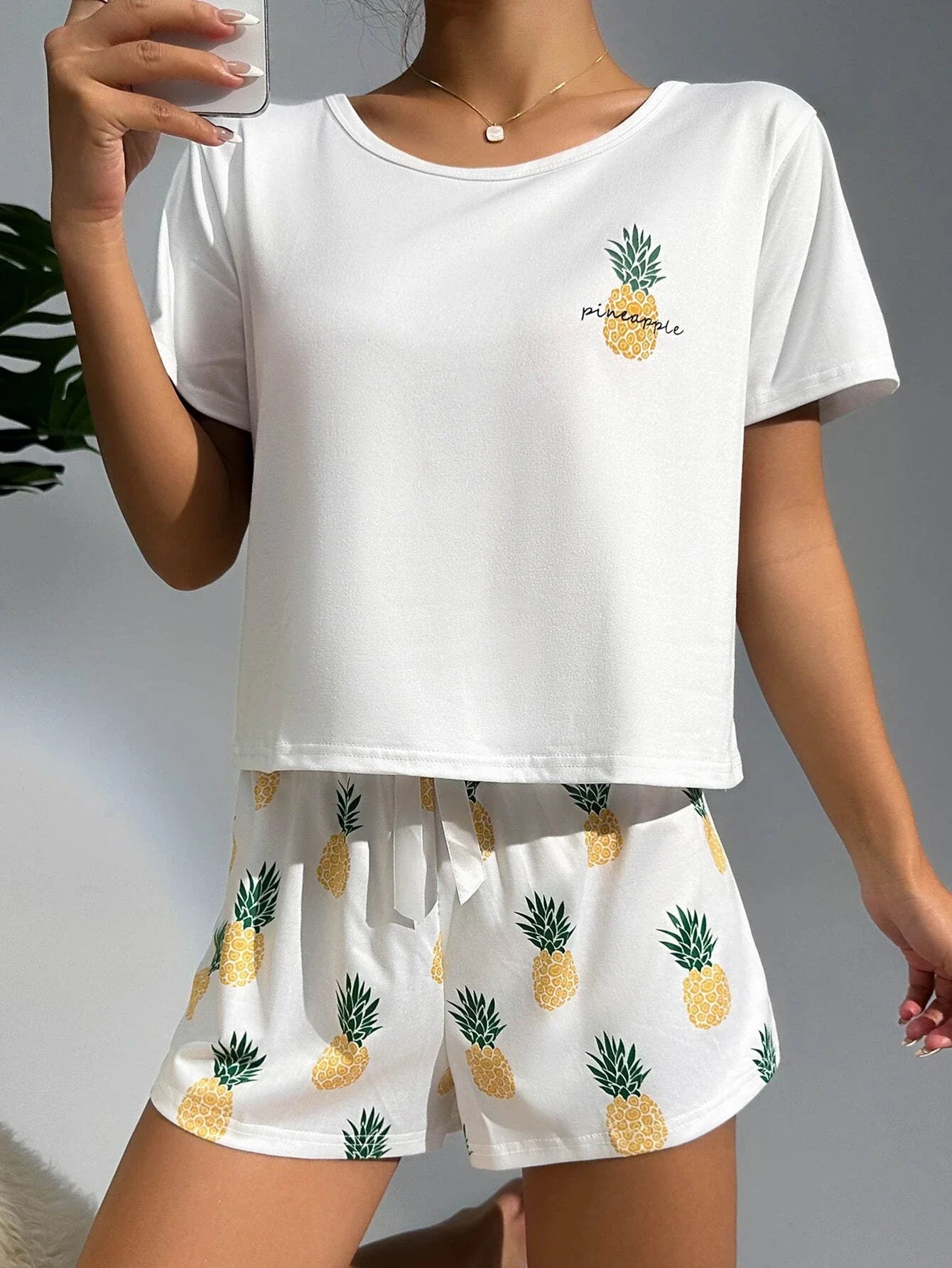 Buy SHEIN CoupledUp Pineapple Print White Tee & Shorts PJ Set / Pajama Set in Pakistan