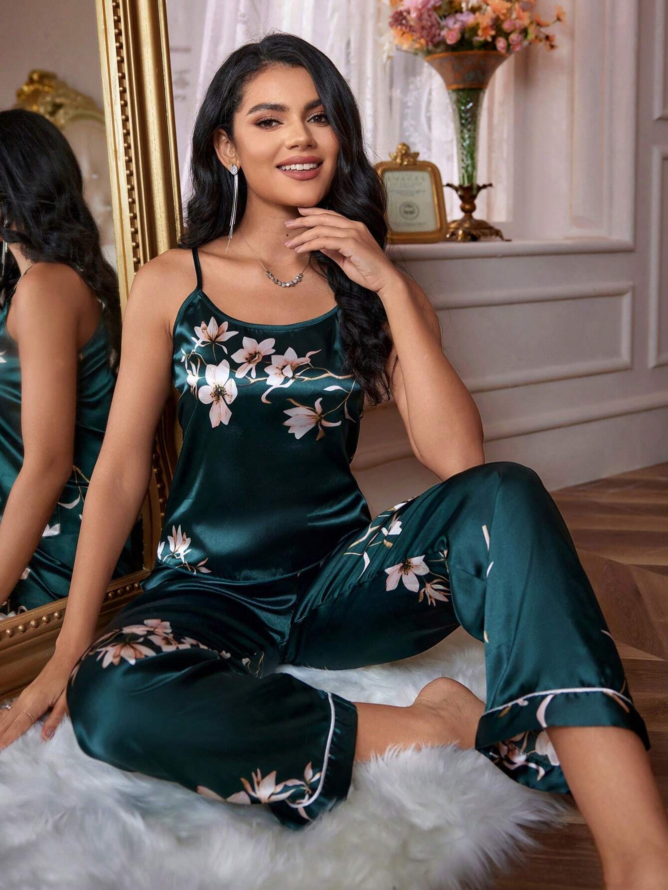 Buy SHEIN LuxeNights Floral Print Satin Cami Top & Pants PJ Set / Pajama Set in Pakistan