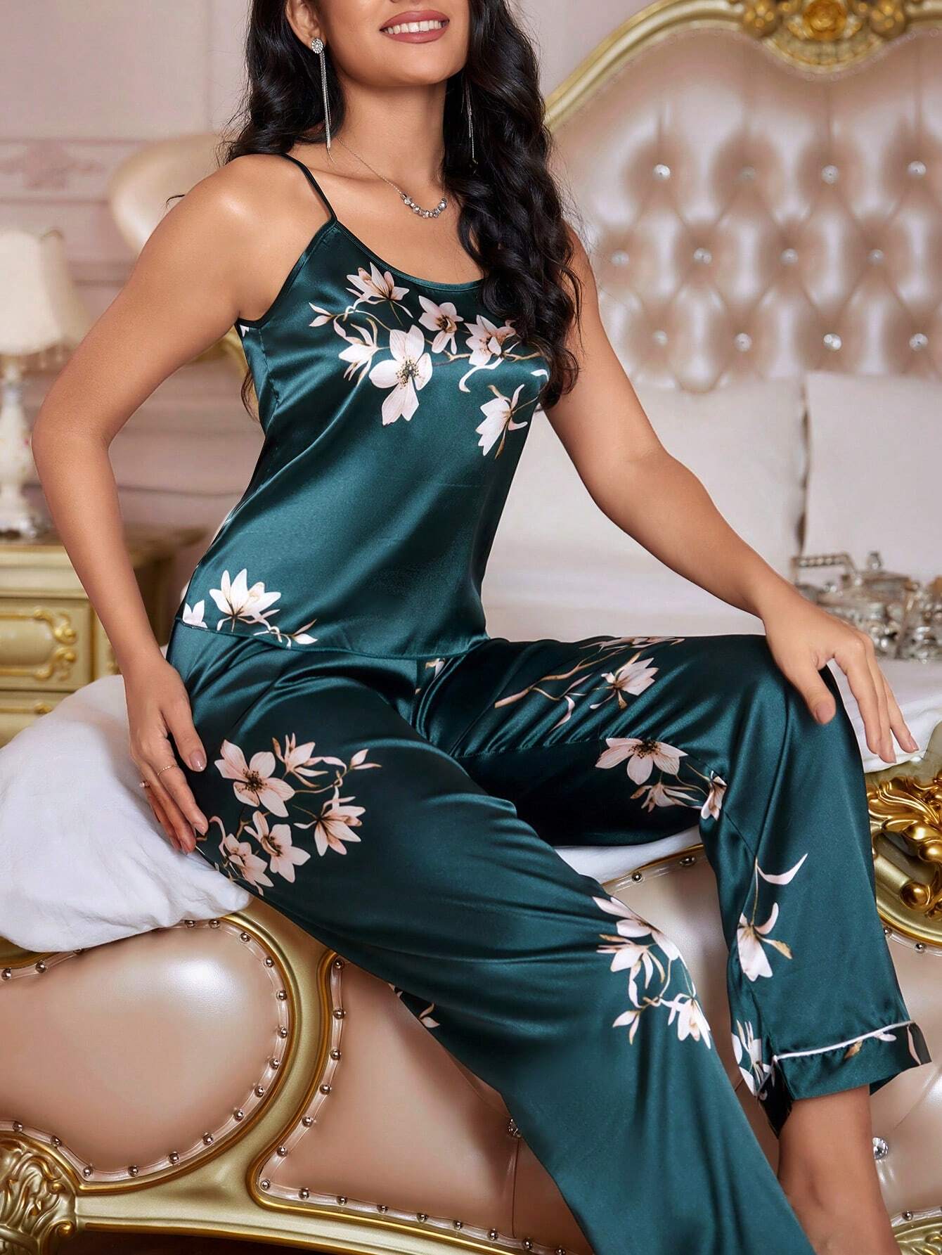 Buy SHEIN LuxeNights Floral Print Satin Cami Top & Pants PJ Set / Pajama Set in Pakistan