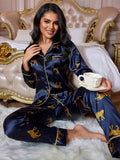 Buy SHEIN LuxeNights Leopard Print Contrast Piping Satin PJ Set / Pajama Set in Pakistan