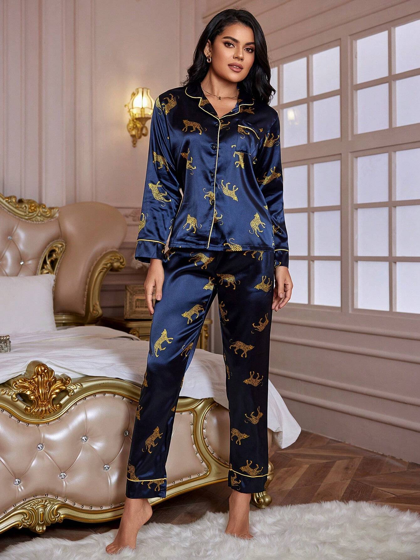 Buy SHEIN LuxeNights Leopard Print Contrast Piping Satin PJ Set / Pajama Set in Pakistan