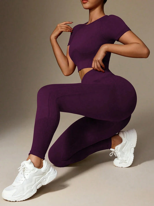 Buy SHEIN Slayoga Women Plain Solid Color Crew Neck Short Sleeve Top And Stretchy Seamless Long Pants Athletic Sportswear Set Workout Women Set Women Leggings Set in Pakistan