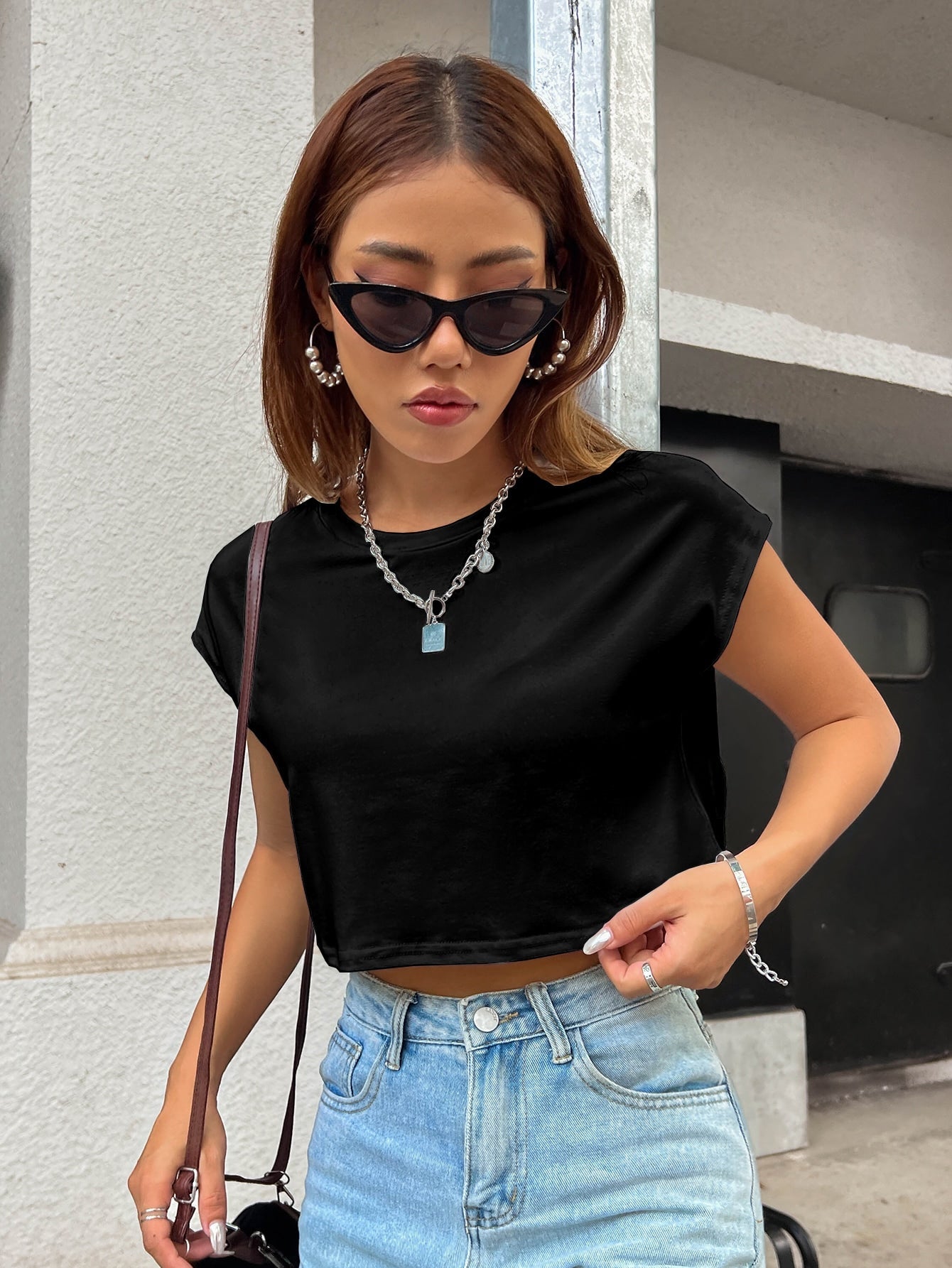 Buy SHEIN Solid Batwing Sleeve Crop Tee in Pakistan