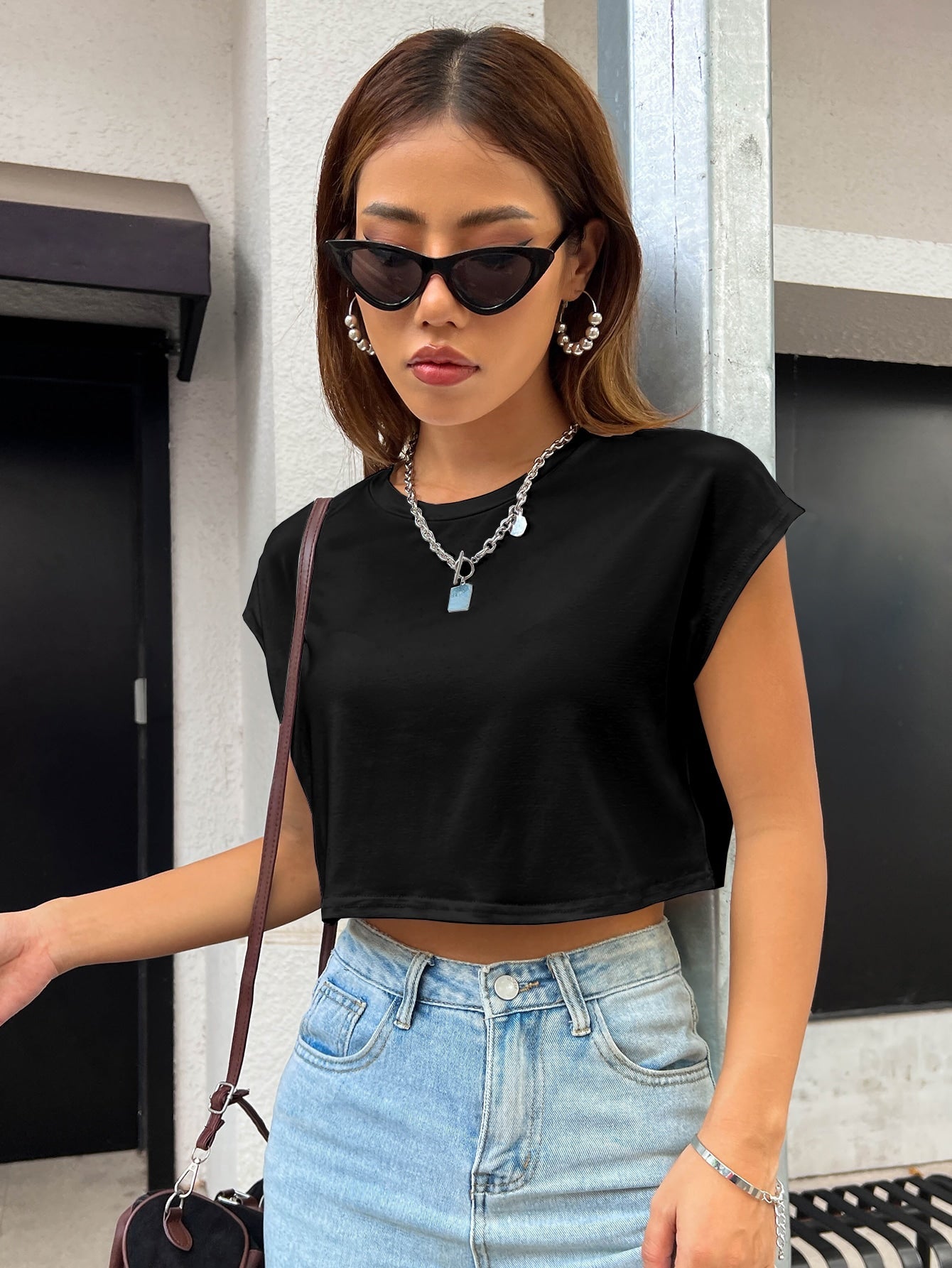Buy SHEIN Solid Batwing Sleeve Crop Tee in Pakistan
