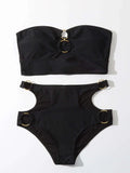 Buy SHEIN Solid Bikini Set Cut-Out Ring Linked Bandeau Bra & High Waisted Bottom 2 Piece Bathing Suit in Pakistan